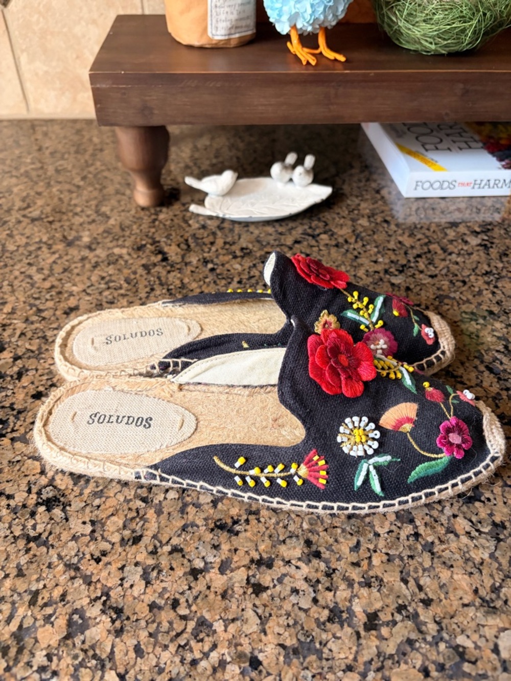 Floral Embroidered Black Espadrille Slip-On Mules - Picture 2 of 3